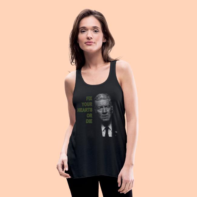 Rendering of a woman wearing a flowy off-black tank top with the words "Fix Your Hearts or Die" in all caps and Gordon Cole on the right.